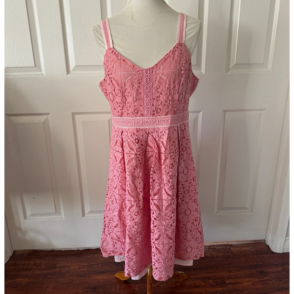 Adrianna Papell Pink Floral Lace Fit Flare Dress 14 V Neck Wedding Guest